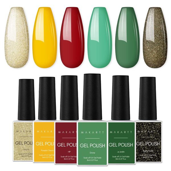 Essiccatori Kit per smalto per unghie gel Makartt, kit polacco gel a 6 colori Glitter oro verde giallo immergersi dal gel gel gel gel gel gel smalto da 8 ml