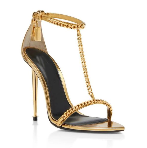 2023 Sommer Präfekt FORD Gold Kette Link Sandalen Schuhe Vorhängeschloss Spitze Nackte Frauen Luxus Designer Dame High-heeled Party Hochzeit Gladiator Sandalias