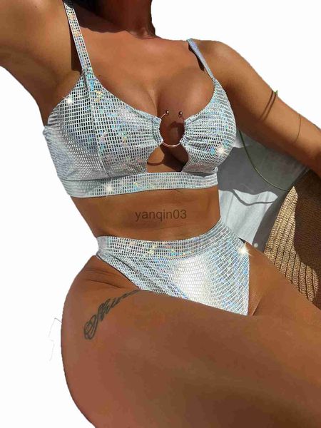 Roupa de banho feminina prata brilhante microbiquíni 2023 verão novo maiô de 2 peças feminino sexy oco suspensório roupa de banho cintura alta roupa de praia xmc581w j230603