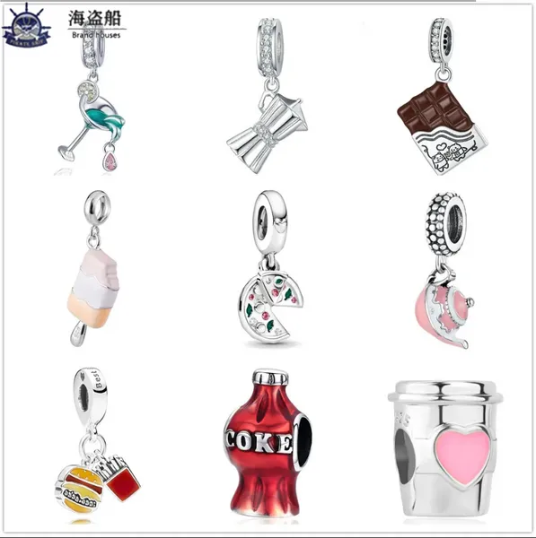 Para pandora charms autênticos 925 contas de prata cor chocolate Sorvete Coca-Cola Pizza Bead