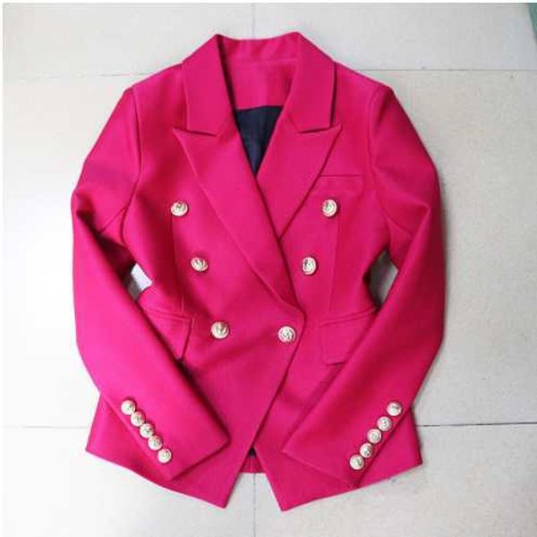 Blazer da donna rosso di alta qualità Giacca da autunno nuova Giacca classica in metallo dorato Bottoni doppiopetto Blazer fucsia Donna Mujer X0721