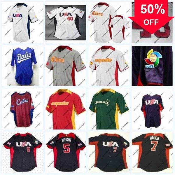 Xflsp GlaC202 2013 World Baseball Classic Team EUA Espanha Austrália Cuba 5 David Wright 7 Joe Mauer 40 Cishek 43 DICKEY On Field Jersey