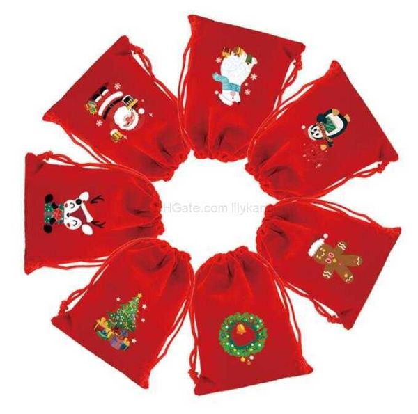 Saco de presente de veludo 2023 Sacos de Papai Noel com boneco de neve Árvore de Natal reinder Desenho dos desenhos animados para crianças embalagem de doces saco de cordão decoração de casa meia Alkingline