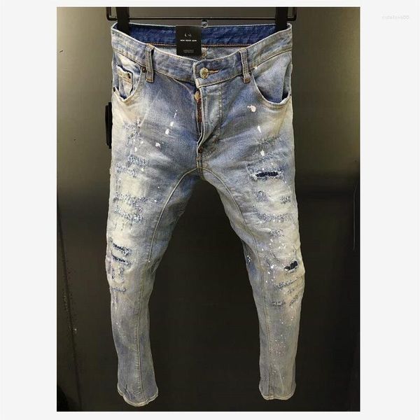 Jeans Masculino Casual Moderno MotoBiker Calças De Tecido Denim Fashion Hole Tinta Spray A212