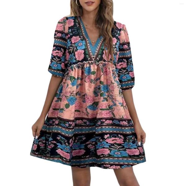 Vestidos casuais femininos moda verão vestido boêmio estilo étnico estampa floral decote em v manga bufante vestido de verão curto 2023