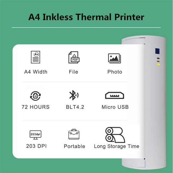 Drucker Mini A4 Tragbarer drahtloser Bluetooth -Thermie -Drucker -Dokument Text Mobiltelefon Drucker Android iOS A4 Papier NICHT TECHNE ODER TECHNE