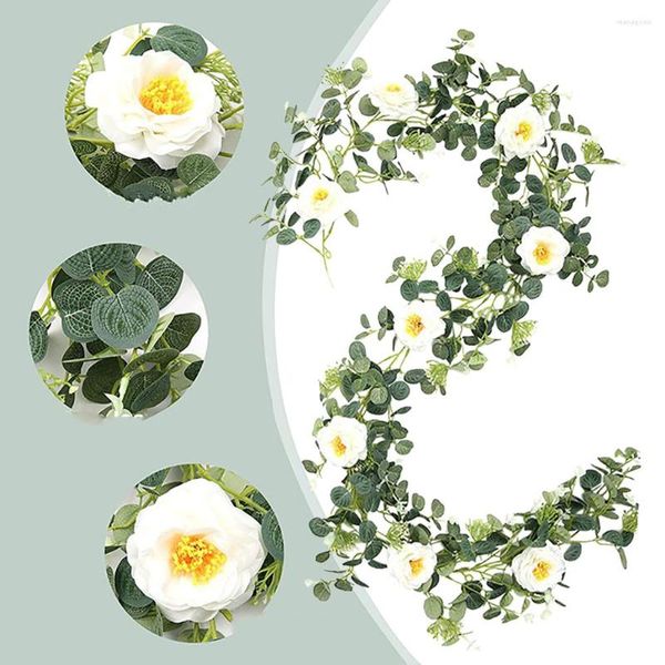Dekorative Blumen, 2 m, künstliche Girlande mit weißen Rosen, Grünpflanzen zum Aufhängen für Hochzeitszimmer, Wand, Zuhause, Party, Garten, Basteln, Bogendekoration