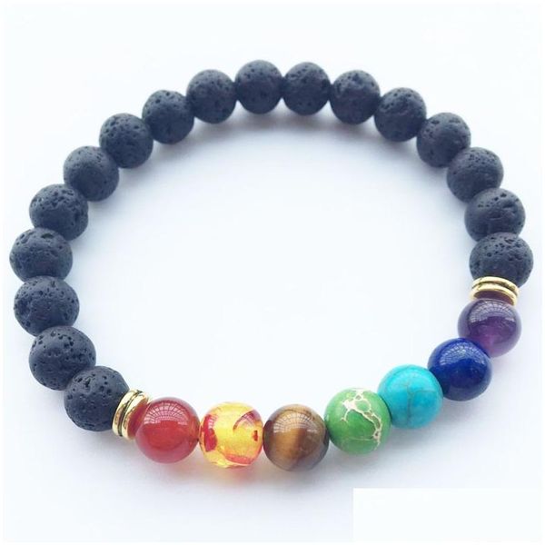 Regenbogen-Chakra-Perlen, 8 mm, schwarze Lavastein-Armbänder, DIY-Aromatherapie, ätherisches Öl pro Diffusor, Psera-Armband, Drop-Lieferung J Dhtqd