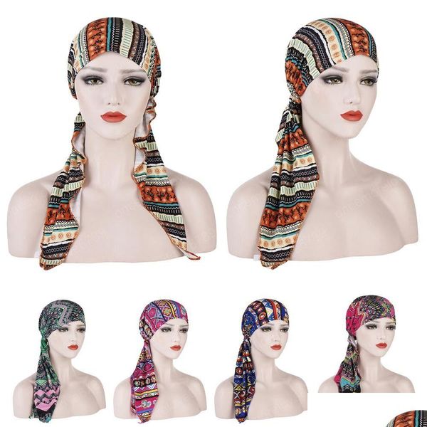 Beanie/Skull Caps Donne musulmane Flower Print Ladies Head Wrap Er Chemio Cap Hijab Turbante Long Tail Bonnet Hat Hair Loss Bandanas Ethni Dhfcs