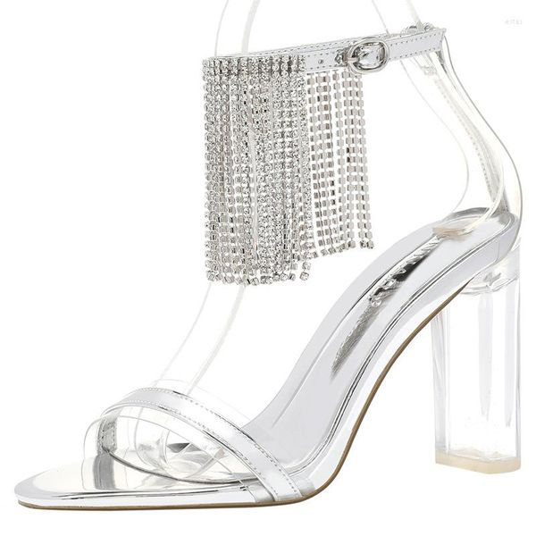 Sandalen Kristall Ferse Transparent Hohe Weibliche Sommer Quaste Kette Quadratischen Kopf Hohl Dicke Schuhe Frauen