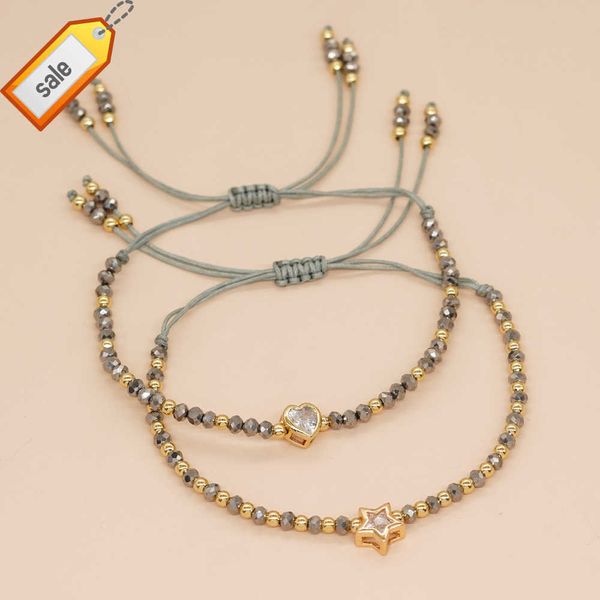 Go2boho Braccialetti dell'amicizia con ciondolo a forma di cuore con zirconi di cristallo per donna Gioielli di moda regolabili con perline dorate Nuova tendenza in estate