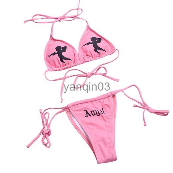 Kadın Mayo 2 PCS Kadın Bikini Takım Push Angel Halter Geri Tail Sütyen Strappy Mektup Üçgen Külot Bayanlar Seksi Beach Mayo Biquinis J230603