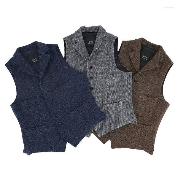 Gilet da uomo Gilet da uomo Gilet in lana con intaglio a spina di pesce Gilet in tweed da lavoro formale formale Groomman per abiti da sposa 2023 B13