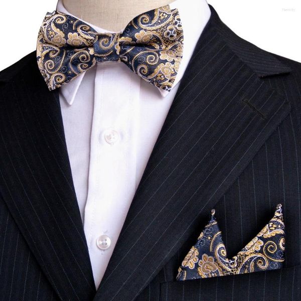 Bow Ties Paisley Floral Lacivert Sarı Khaki Gold Smokin Öne Bağlı Erkek Kravat Cep Kare İpek Seti Ayarlanabilir Toptan Parti