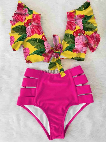 Conjunto de biquíni feminino floral com bainha com babados maiô feminino flora com decote em V cintura alta duas peças maiô 2023 para menina praia maiô biquínis J230603