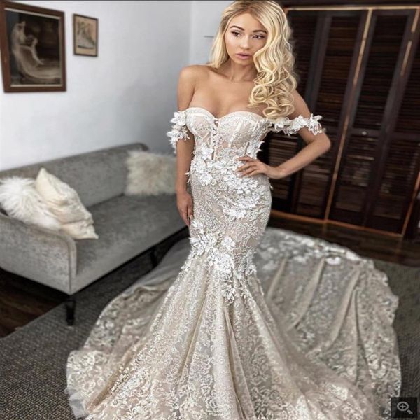 2021 Sexy Berta Vestidos de Noiva Sereia Fora do Ombro Rendas 3D Apliques Sweep Train Sem Costas Vestidos de Noiva Custom Made robe de mariee2640