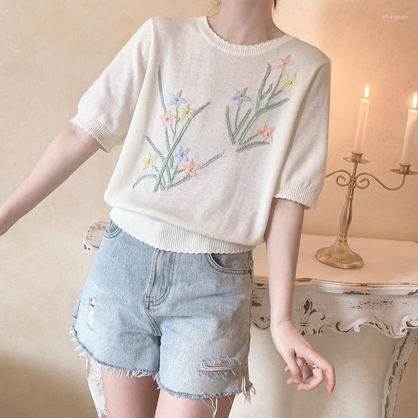 Damenpullover Prairie Chic Pullover Frauen Sommer Tops Kurzarm Handgemachte Blumenstickerei Lose Pullover Für Süßes Mädchen