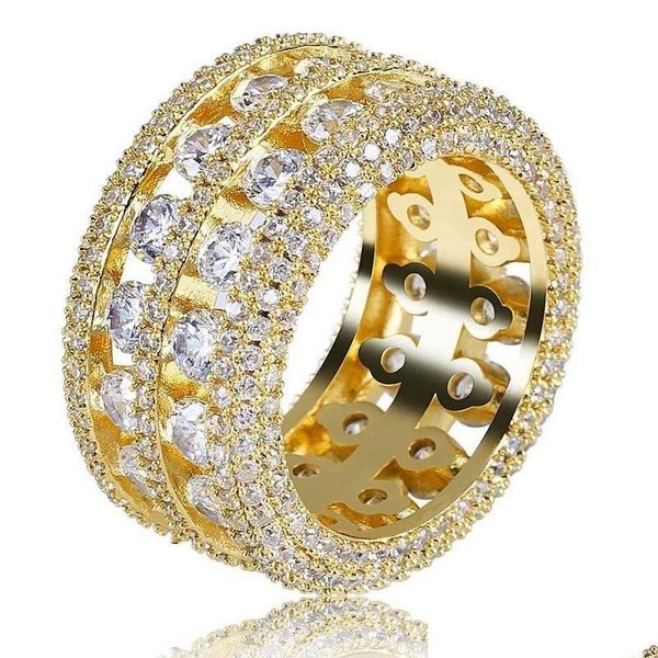 Anelli a fascia Hip Hop Fl Diamanti con pietre laterali per uomo Anello di cristallo di lusso Western 18K Placcato oro Rame Zircone Gioielli Drop Delive Dhm8E