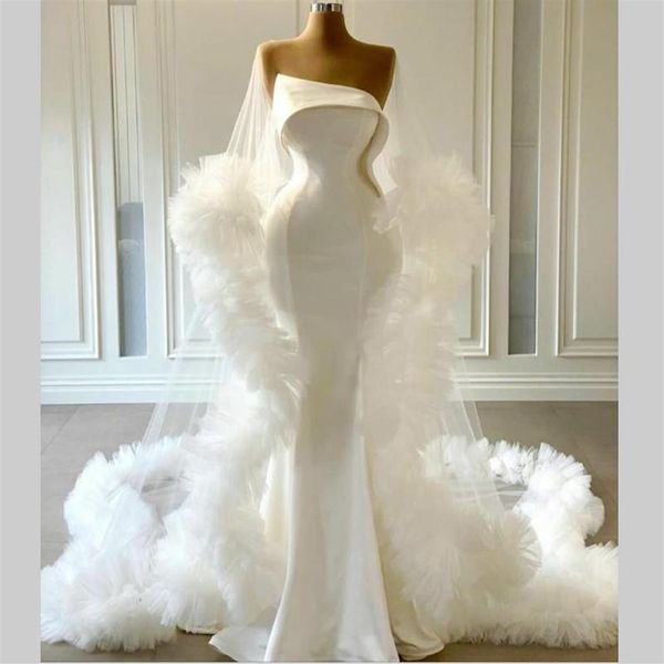 Abiti da sposa a sirena con volant a strascico lungo 2021 Nuovi abiti da sposa in raso avorio senza spalline Abiti da sposa Bohemian Beach Wedding Dr349M