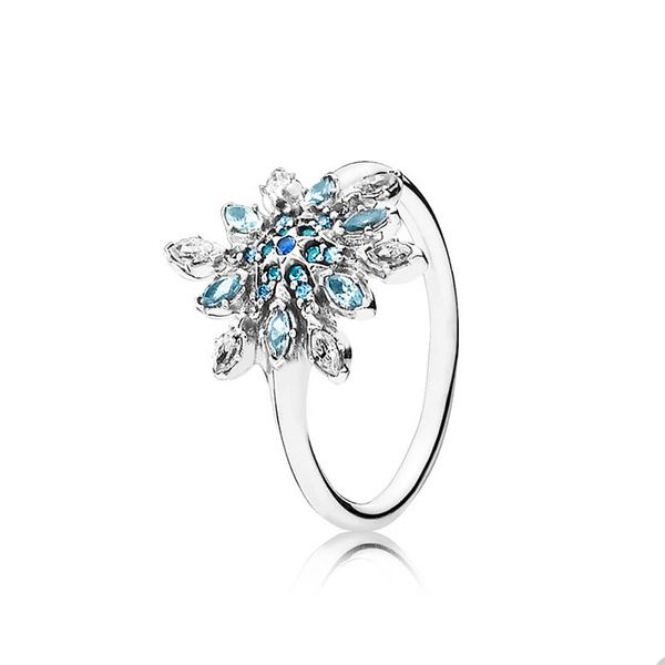 Blauer Kristall-Diamant-Schneeflocken-Ring für Pandora, 925er-Sterlingsilber, Hochzeitsring-Set, Designer-Schmuck für Frauen, Freundin, Geschenk, Luxus-Ring mit Originalverpackung