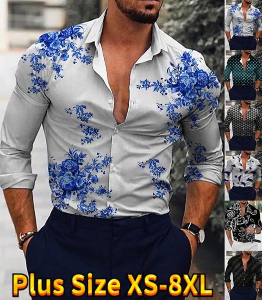 Camicie casual da uomo Moda da uomo Slim Print Streetwear Camicia da giorno di base a maniche lunghe Design classico Button Down XS-8XL