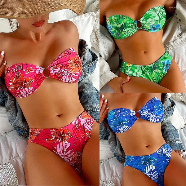 Costumi da bagno da donna 2023 Reggiseno con anello in ferro stampato Bikini con lacci Cinturino in corno di mucca senza spalline stile spiaggia sexy senza schienale