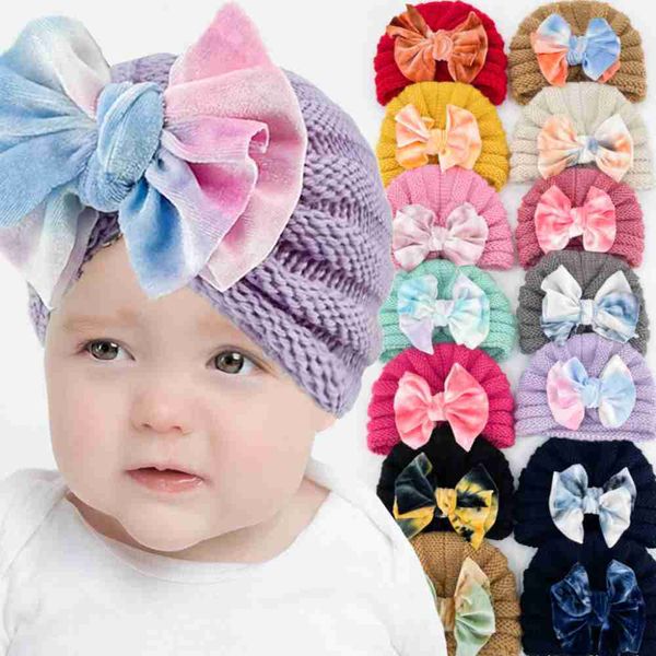 Acessórios para o cabelo Tie Dye Big Bowknot Baby Hat Turbante Autumn Winter Warm Infant Knitted Cap Cor Sólida Recém-nascido Gorro Para Menina Menino