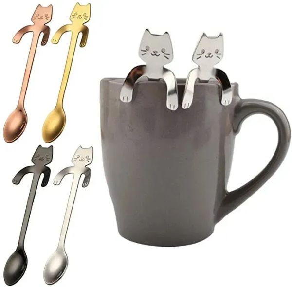 Stahlkaffee Edelstahllöffel langes Griff kreativer Mini -Katze -Tee -Löffel Trinkwerkzeuge Küche Gadget Flätsgeschirr 2024