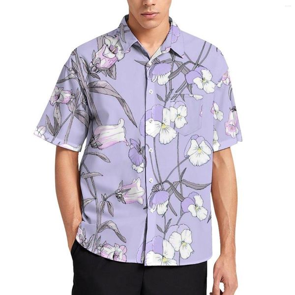 Camisas casuais masculinas Aloha Hawaiian Shirt Mens Summer Purple Fresh Flowers Print Beach Manga Curta Luau Tops Holiday