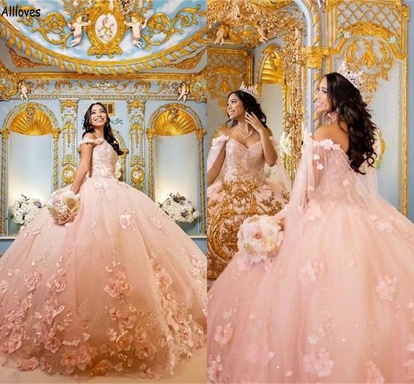 Rosa Prinzessin 3D handgefertigte Blumen Quinceanera-Kleider, schulterfrei, lange Wraps, Pailletten-Spitze, Ballkleid, Abschlussball, Süßes 15-16-Kleid, formelles Festzugskleid CL2347