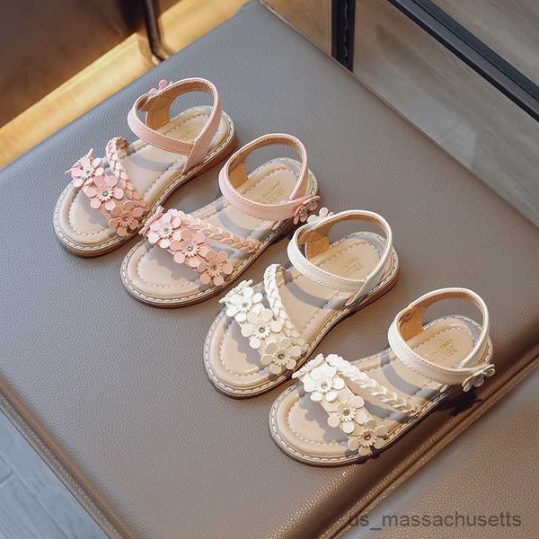 Sandalen Mädchen Sandalen Geflochtene Blume Rosa Beige Bequeme Kinder Sliders Sommer Runde Zehen Morden Schöne Flache Kinderschuhe R230603