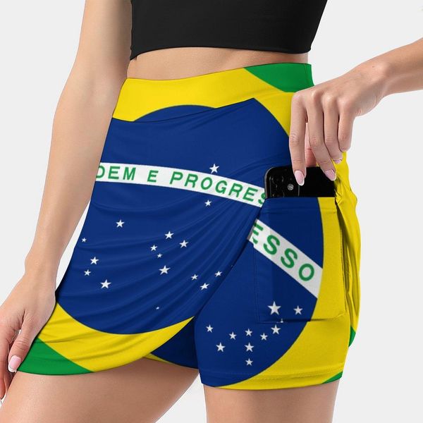 Vestidos bandeira do brasil saia feminina com bolso saia vintage impressão uma linha saias roupas de verão brasil bandeira do brasil