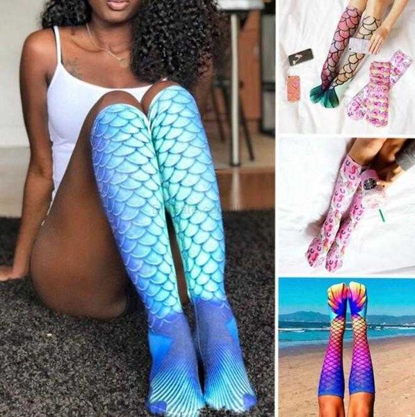 Neue 3D Meerjungfrau Socken Druck Cosplay Socken Mode Frauen lange Meerjungfrau Muster Strümpfe Sockenboden Fischschuppen Muster Socken 16 Design