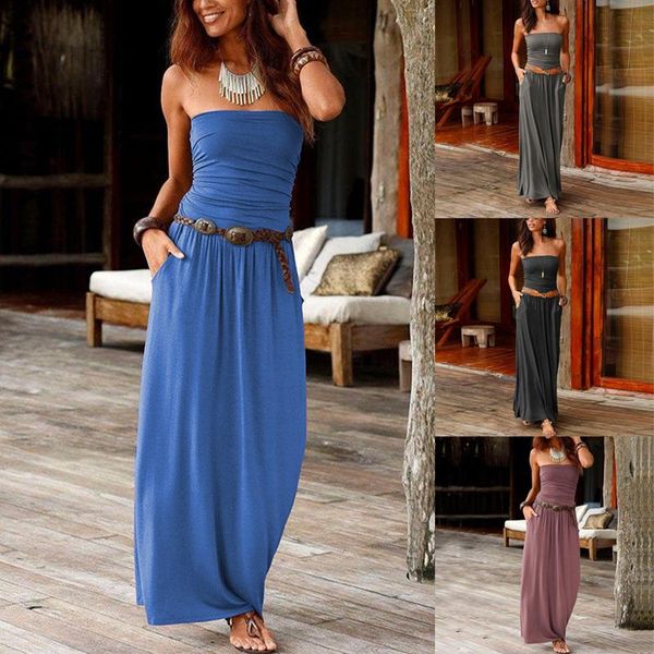 Abito da donna estivo solido maxi abito sexy in raso con una spalla tubolare vestito superiore da donna a fascia vacanza abito lungo con spalle scoperte