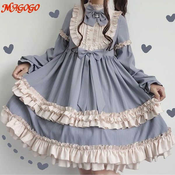 Kleider Magogo Süßes Vintage-Lolita-Kleid für Damen, langärmelig, Kostüm, Kawaii, loses neues süßes Kleid im japanischen Stil mit Schleife für Mädchen, heiß