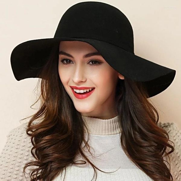 Geniş Memlu Şapkalar Ebeveyn-Kıçalı Vintage Kova Güneş Şapkası Kadınlar Fedora Lady Yün Kapağı Sonbahar Yaz Plajı Katı Bayanlar Disket Kubbesi Kapaklar