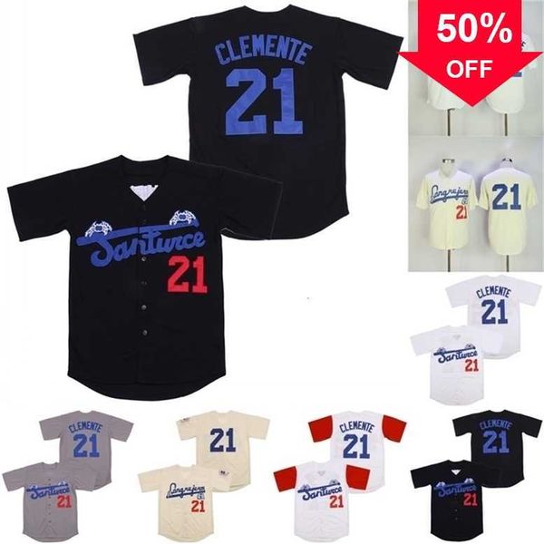 Xflsp GlaMit Santurce Crabbers Puerto Rico Jersey 21 Roberto Clemente Maglie da baseball film cucite al 100% Nero Bianco Crema S-XXXL