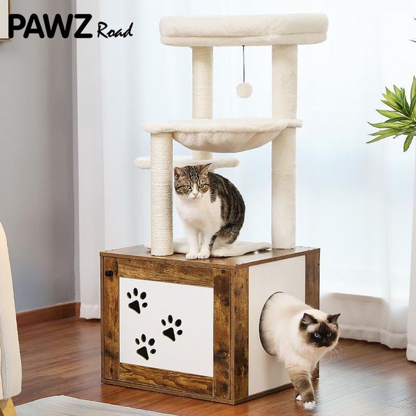 Scratchers AllinOne Cat Tree with Gabinet Modern Cat Tower Móveis de madeira de alta grade com caixa de areia de ninhos grandes de parte superior