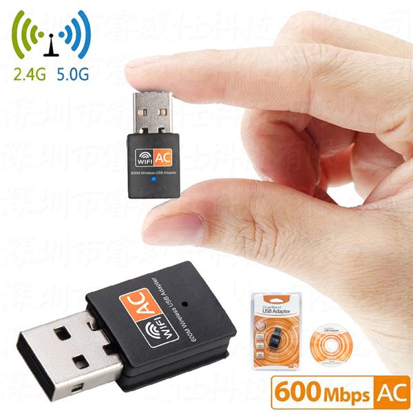 USB WiFi Adaptörü 2.4GHz 5GHz 600Mbps WiFi Anten Çift Bant 802.11b/N/G/AC Mini Kablosuz Bilgisayar Ağ Kartı Alıcı Perakende Kutusu En İyi Kalite