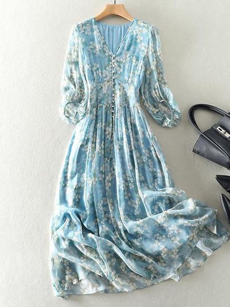 Платья Богемное летнее платье для женщин с длинным рукавом и v-образным вырезом Элегантные синие шелковые платья с высокой талией и принтом Пляжные длинные платья 2023