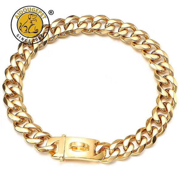 Coleiras de metal forte coleira de cachorro 19mm de largura resistente ouro cubano link corrente de aço inoxidável cães de estimação colar de luxo para uso em caminhada