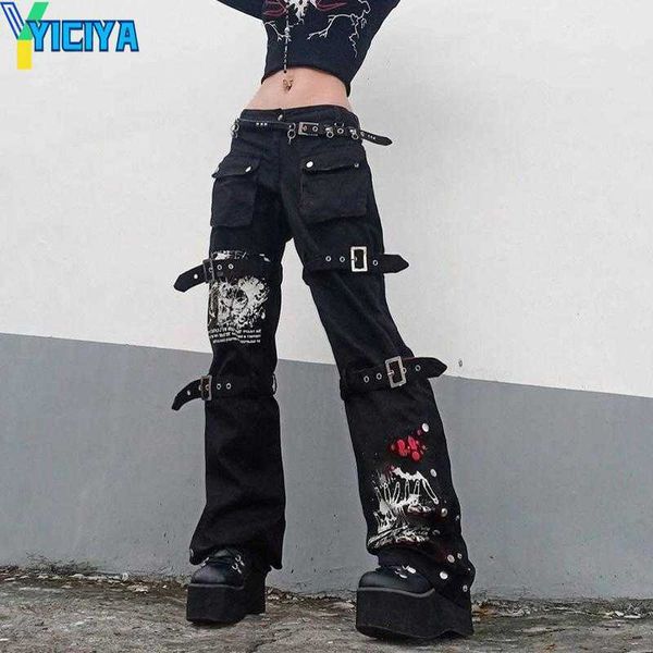 Yiciya y2k punk crânio impressão preto fivela calças harajuku cintura alta bolso grande goth shopping grunge calças de carga techwear