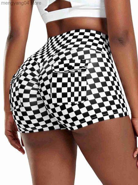 Damen-Shorts, bedruckte Shorts mit Tasche, hohe Taille, dünne Yoga-Shorts, modisch, kariert, Scrunch-Hintern, Leggins, Fitnessstudio, Workout-Kleidung, weiblich, T230603