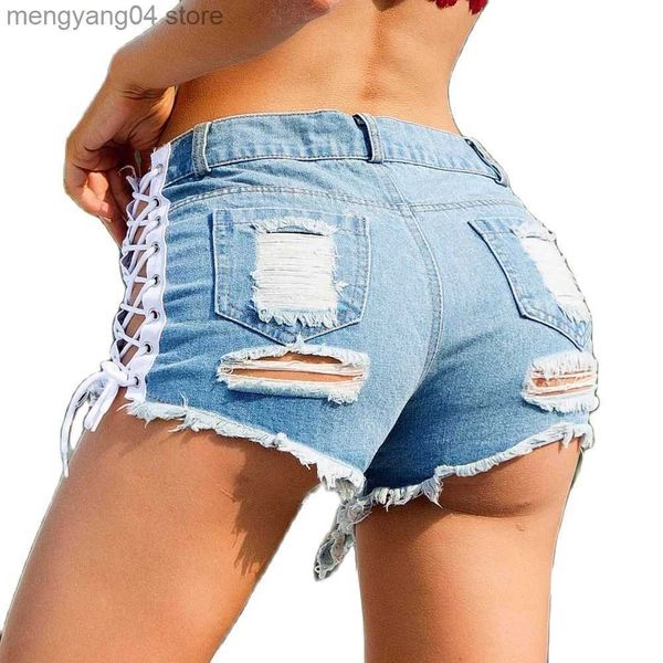 Shorts Feminino 2021 Novo Sexy Cintura Alta Buraco Bandagem Cortado Jeans Shorts Branco Preto Azul T230603