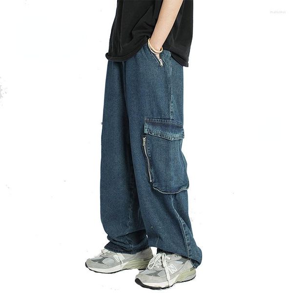 Erkek kot pantolon büyük cepli erkekler mags kargo moda büyük boy hip hop denim pantolon harajuku dipler