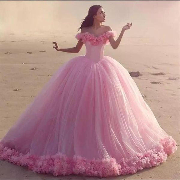 2020 Abiti da sposa rosa Principessa Appliques floreali 3D Grandi abiti da sposa modesti gonfi Abiti da sposa manica corta Taglie forti Abito da sposa Dres2975