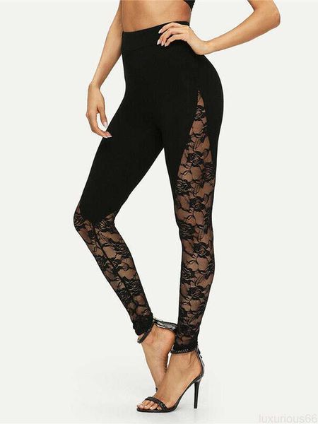 Leggings femininas sexy cintura alta leggings de renda preta leggings femininas femininas de renda floral painel lateral recortado preto S-2XL