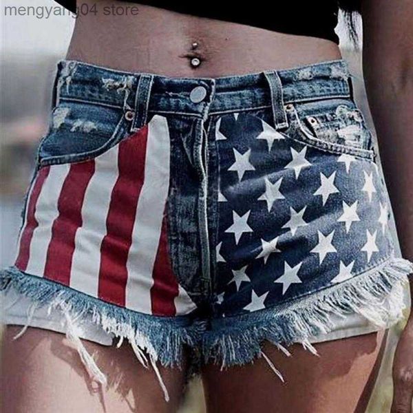 Shorts Feminino Shorts Jeans Cintura Alta Skinny Estampado Bandeira Americana Shorts Jeans Shorts Borlas Bolsos Jeans Shorts Jeans Streetwear T230603