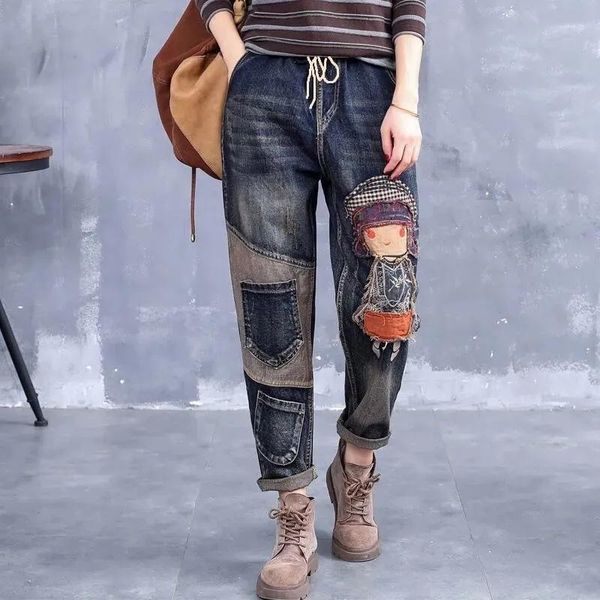 Kot kot kadın yüksek bel bahar yaz retro nakış denim pantolon bayanlar elastik bel harem pantolon gevşek jean femme pant