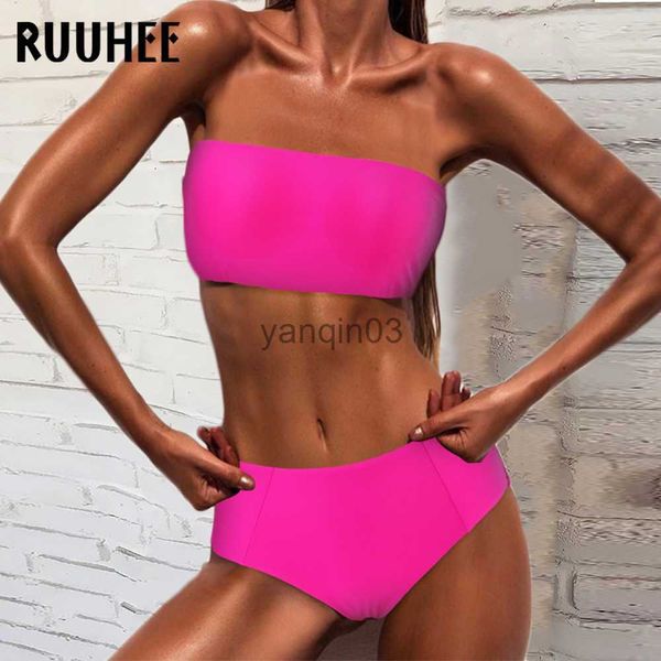 Roupa de banho feminina RUUHEE cintura alta biquíni 2023 mulher sexy micro biquíni brasileiro push up bandeau maiô de duas peças para mulher j230603